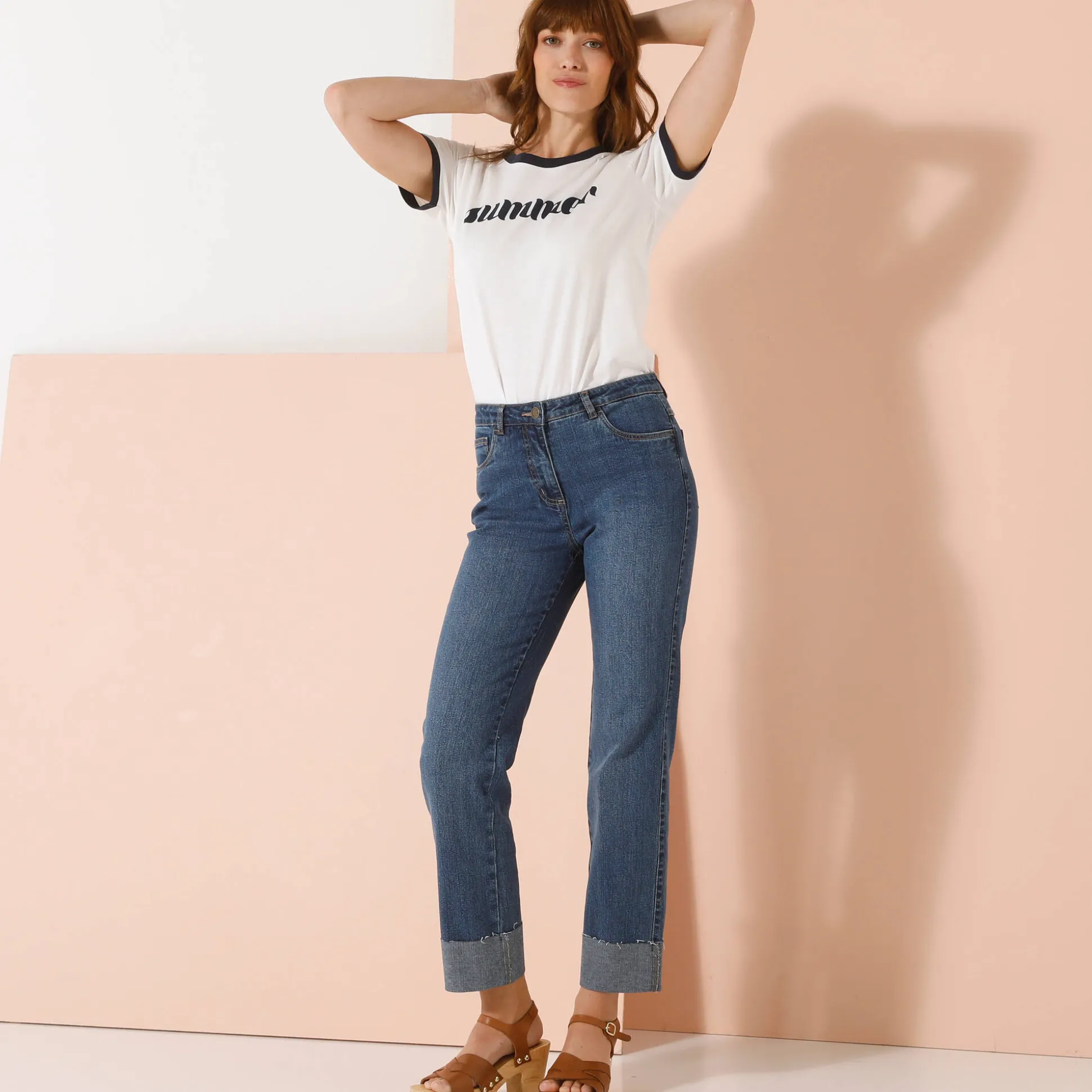 Rechte 7/8-jeans met omslag, hoge taille