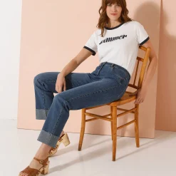 Rechte 7/8-jeans met omslag, hoge taille