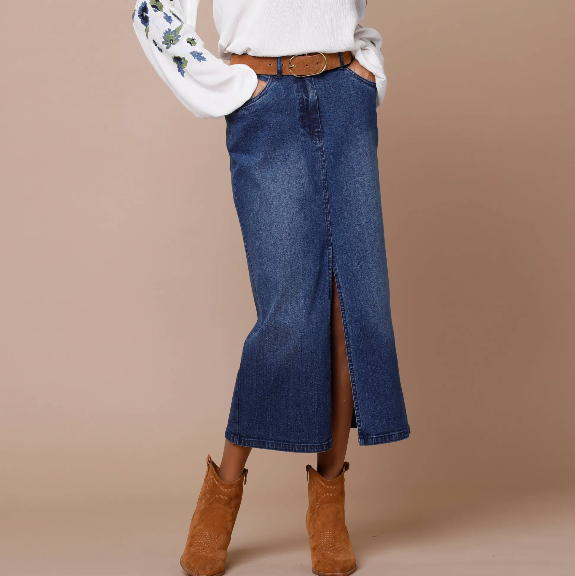 Rechte rok met split, jeans