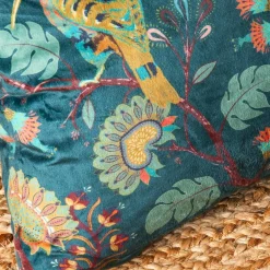 Rechthoekig velours kussen met vogel- en bloemenmotief