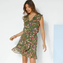 Rok in wikkelstijl met stroken, bedrukte voile