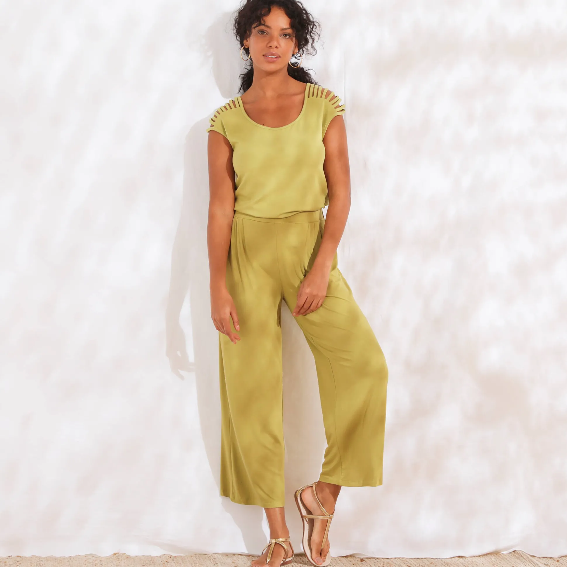 Ruime, effen 7/8-broek in soepel tricot met elastische taille