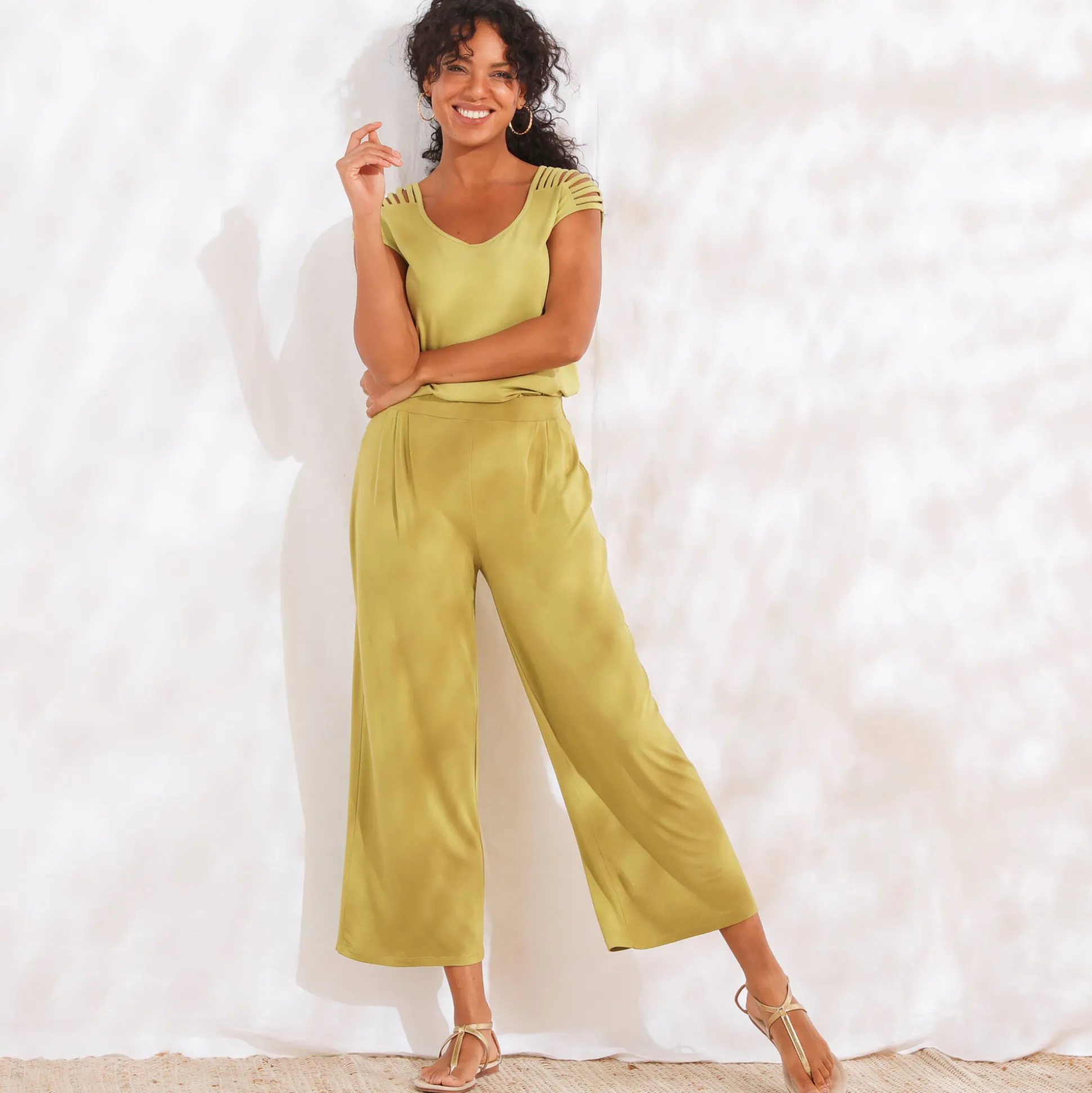 Ruime, effen 7/8-broek in soepel tricot met elastische taille