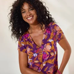 Ruime jurk in bedrukte viscose, korte mouwen