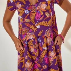 Ruime jurk in bedrukte viscose, korte mouwen