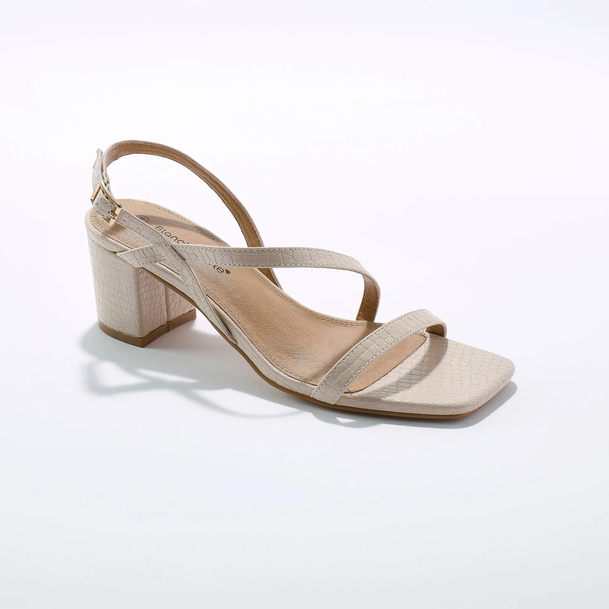 Sandalen met fijne riempjes, kroko-effect en vierkante hak