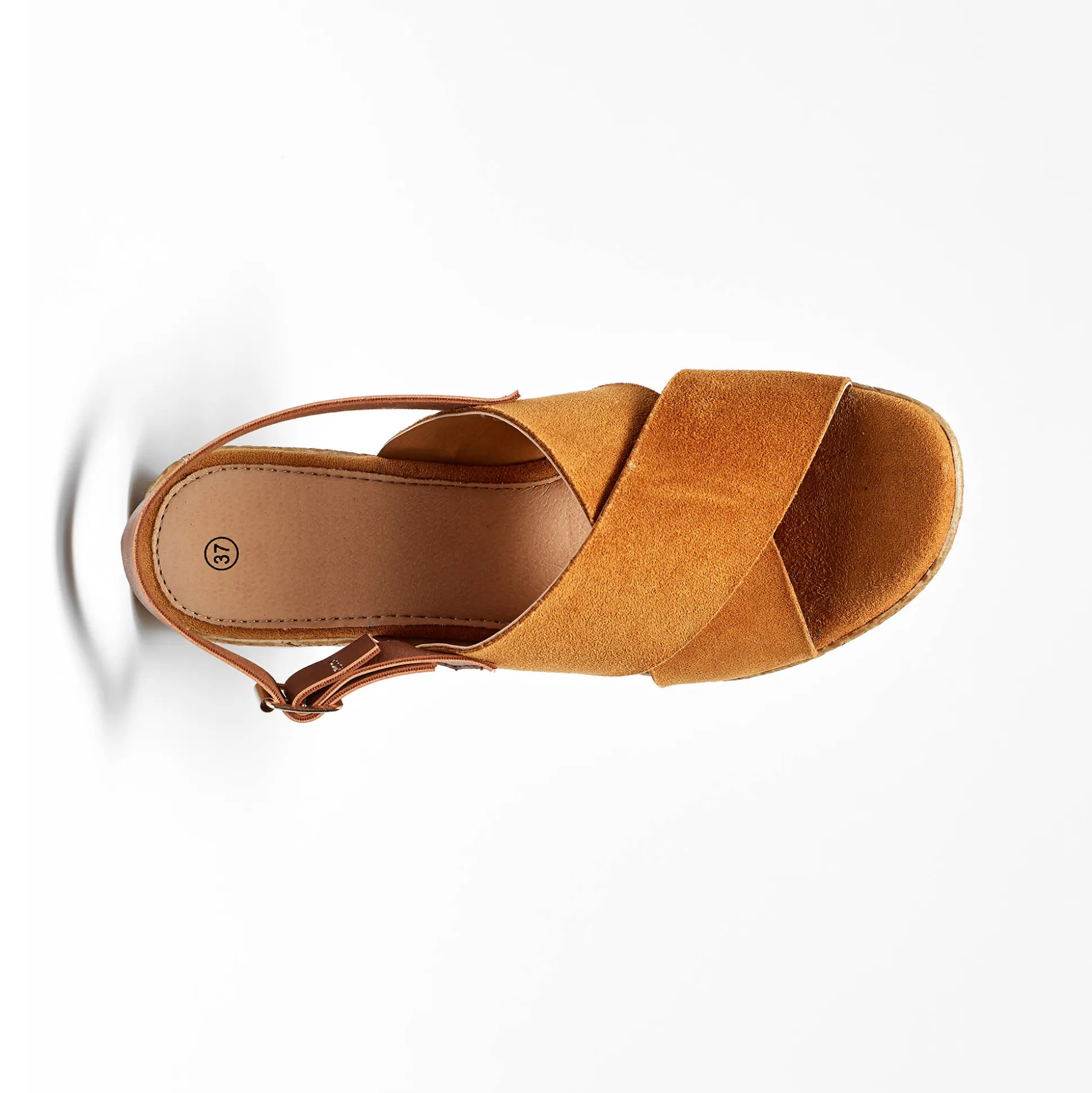 Sandalen met sleehak en gekruist bovenwerk, karamel