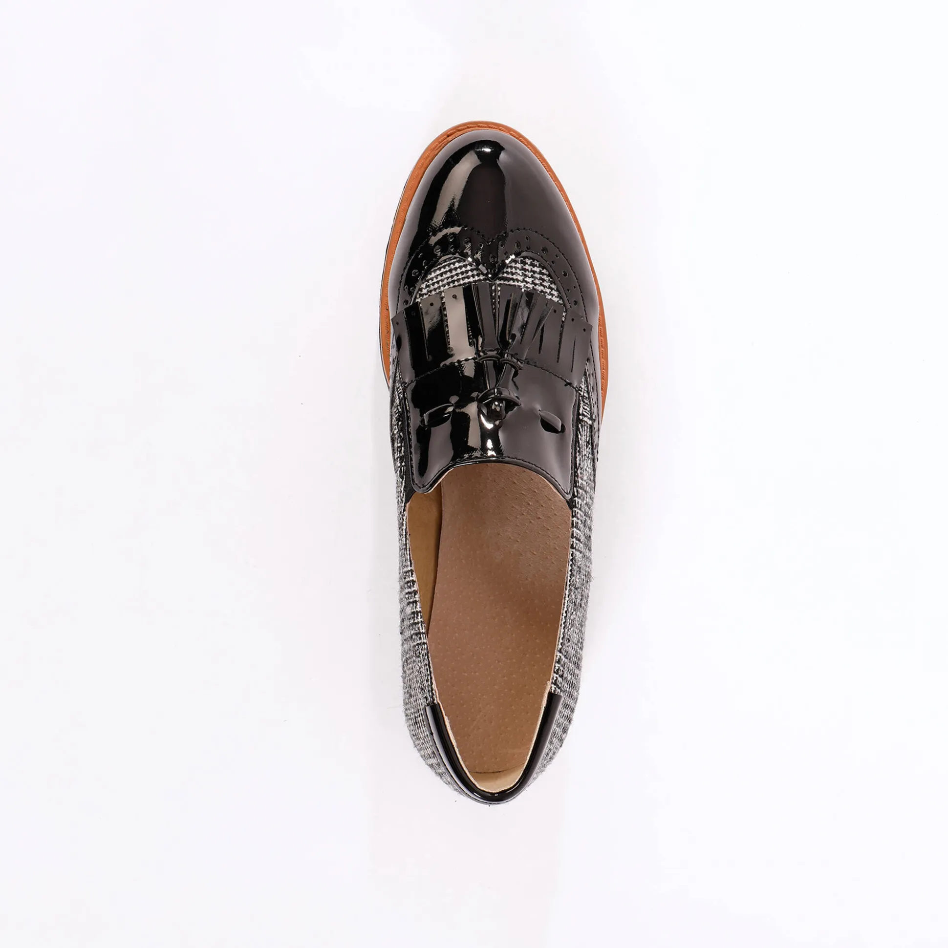 Slip-ons met sleehak, franjes en pompons - geruit/grijs