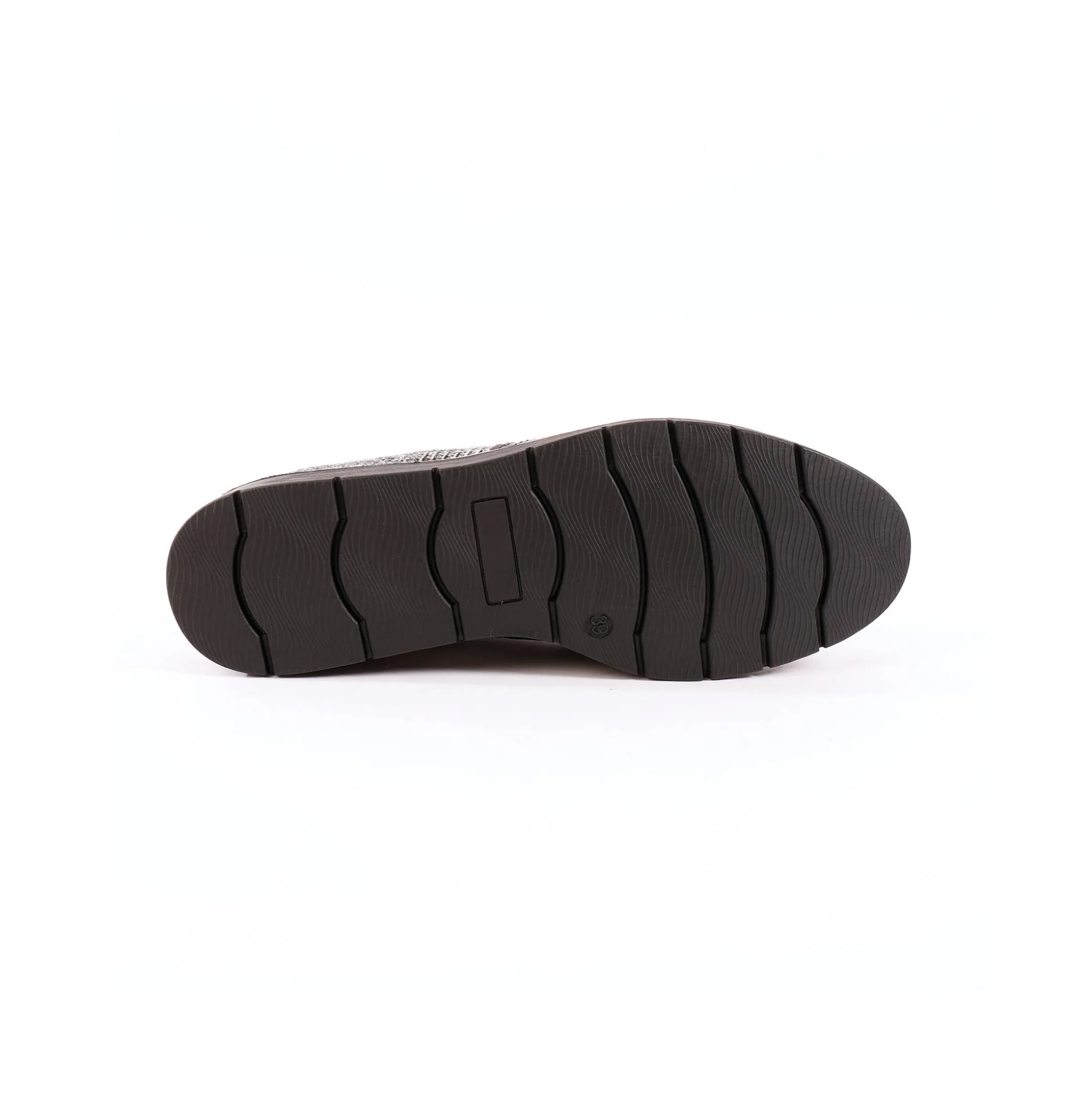 Slip-ons met sleehak, franjes en pompons - geruit/grijs
