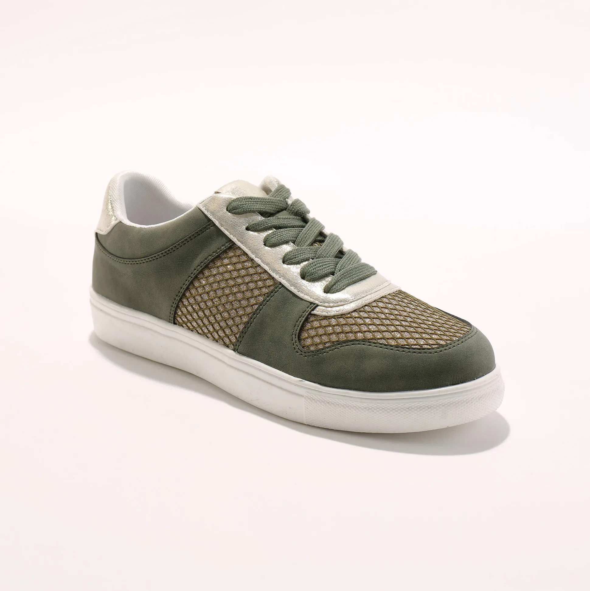 Sneakers met platformzool en goudkleurige mesh pasjes - kaki