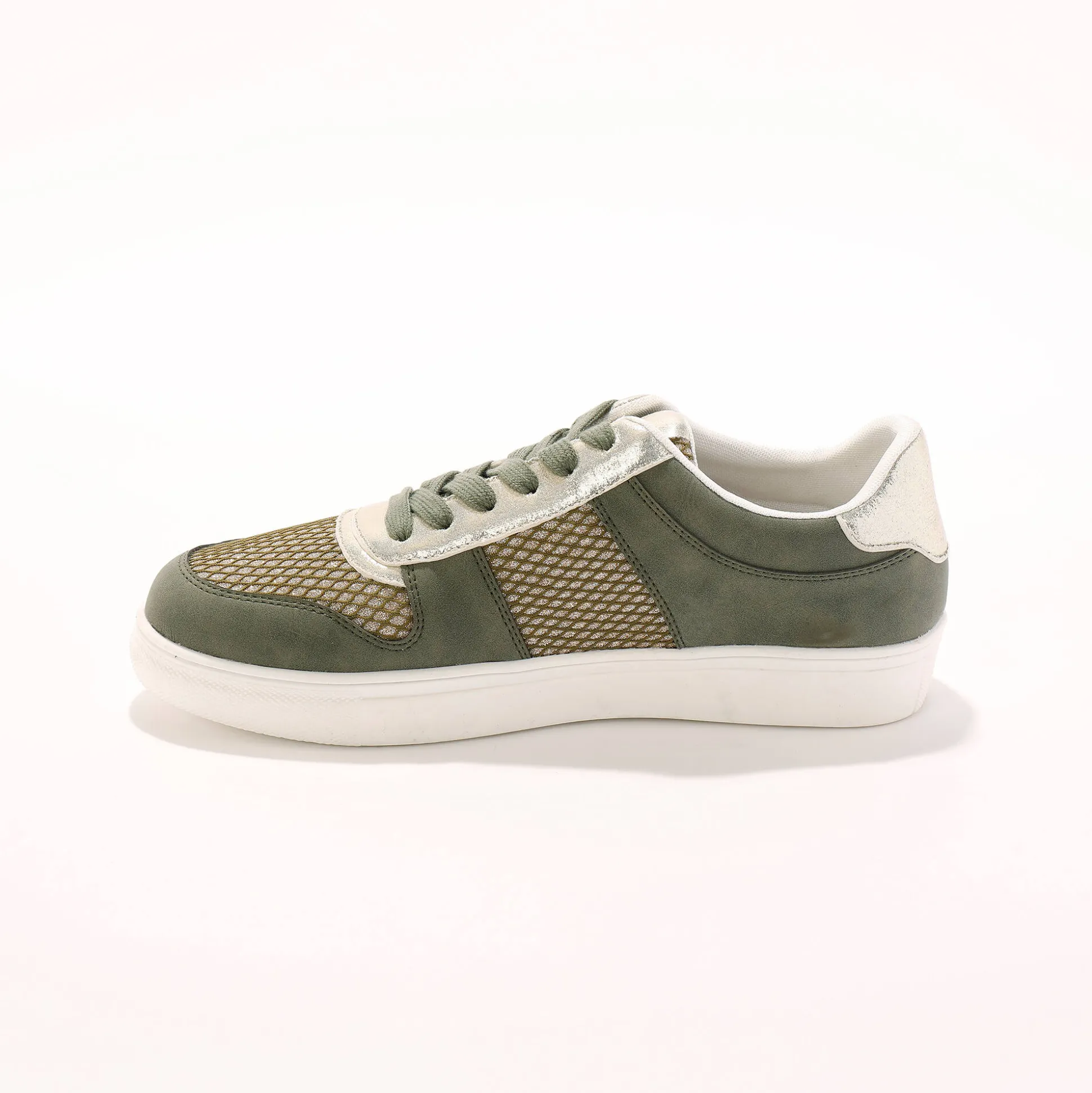 Sneakers met platformzool en goudkleurige mesh pasjes - kaki