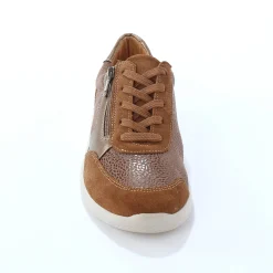 Sneakers met veters en rits, in leer met rekbare pasjes