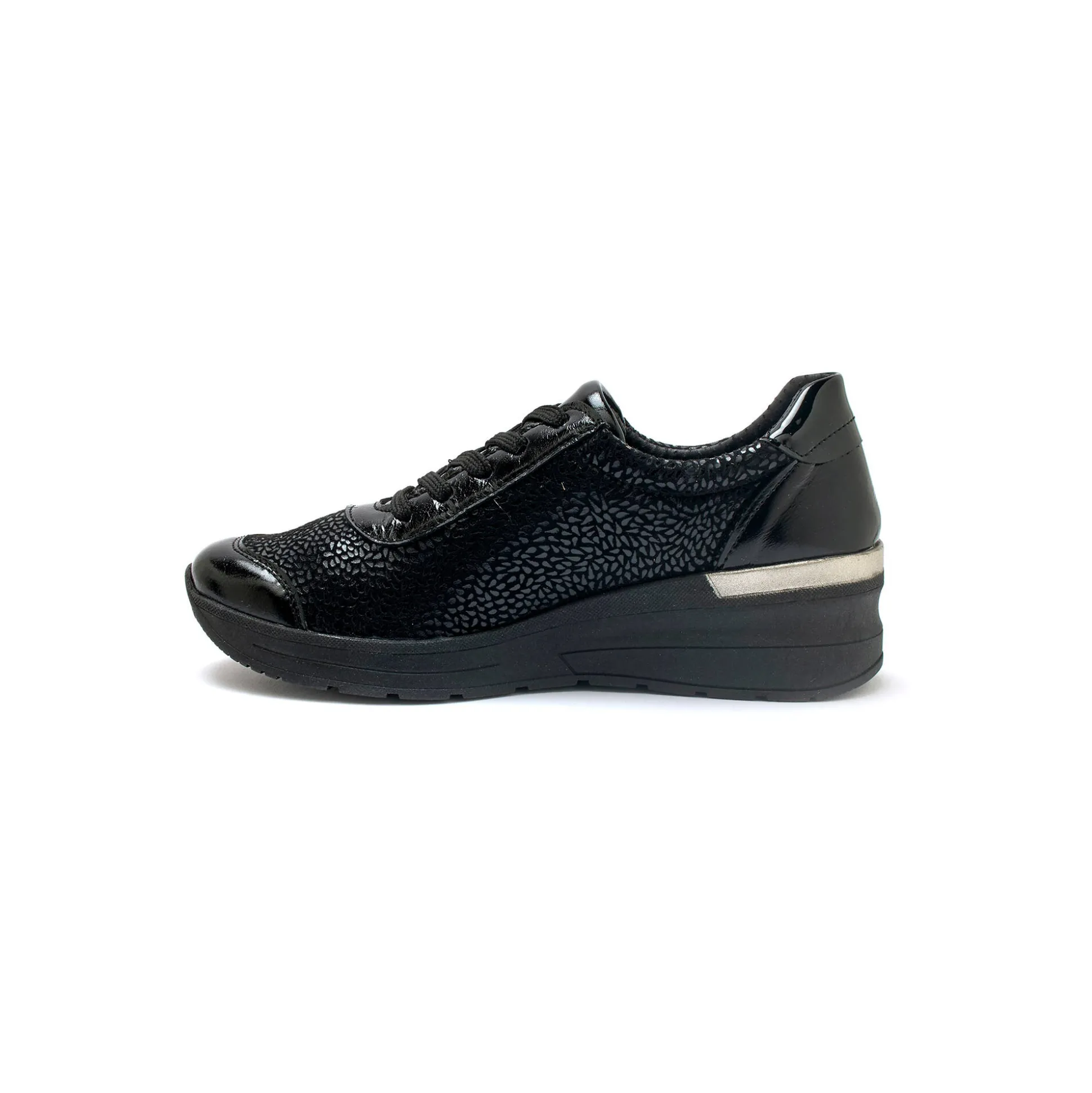Sneakers met veters in leer en rekbare stof, sleehakje