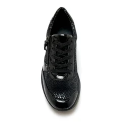 Sneakers met veters in leer en rekbare stof, sleehakje