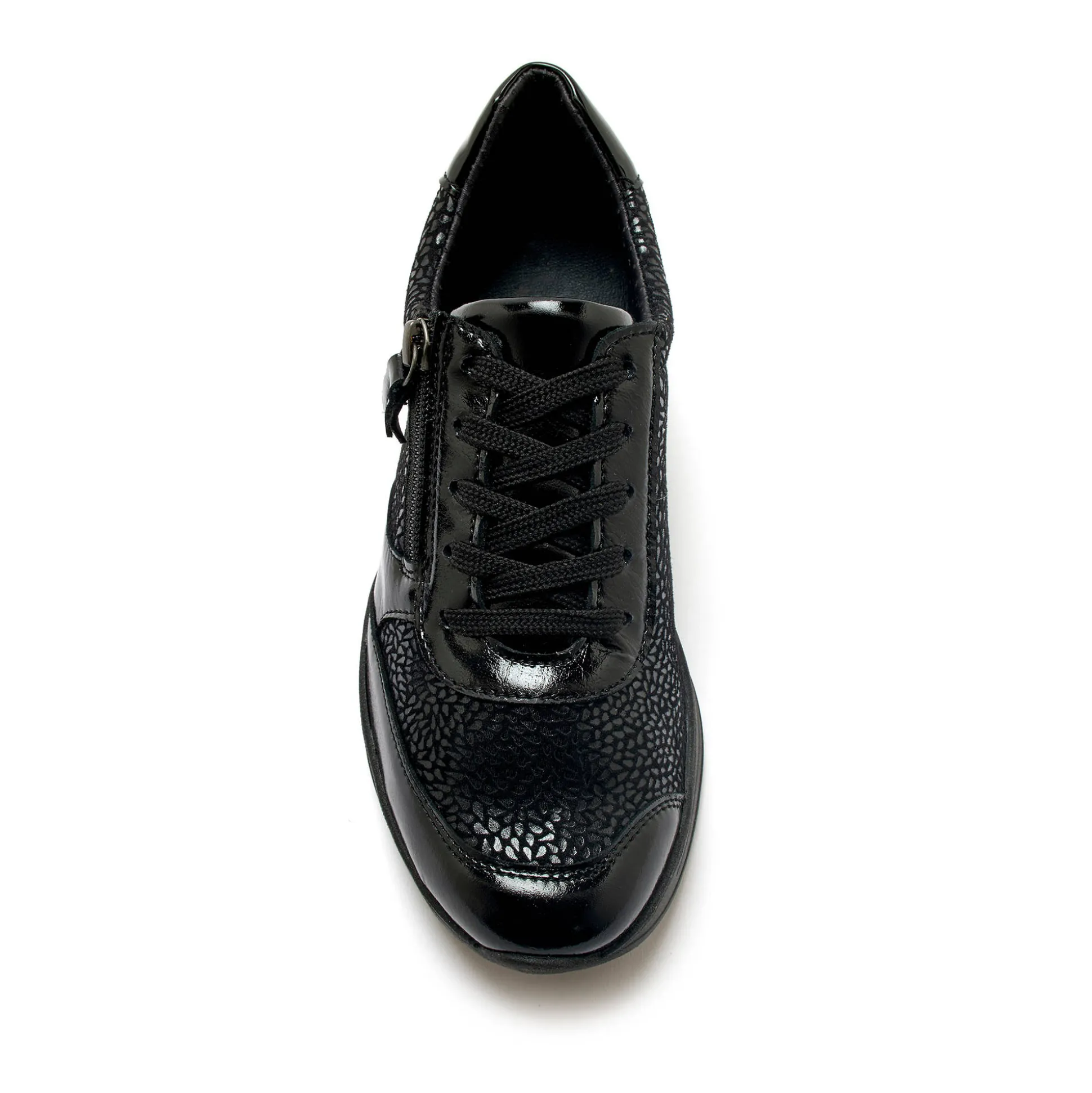 Sneakers met veters in leer en rekbare stof, sleehakje
