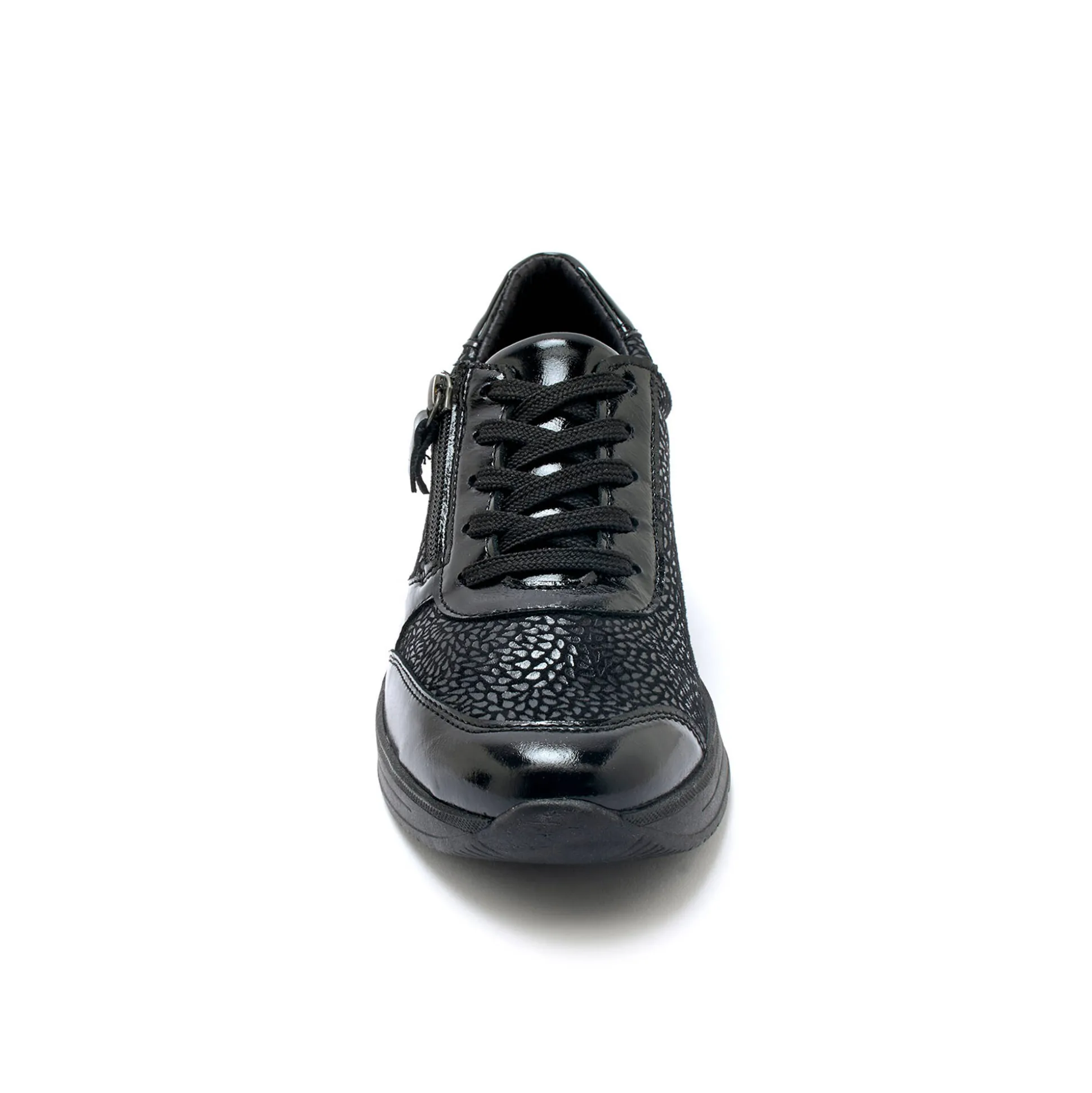 Sneakers met veters in leer en rekbare stof, sleehakje