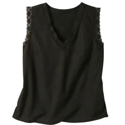 Soepele caraco met V-hals en kant, crêpe van gerecycleerd polyester**