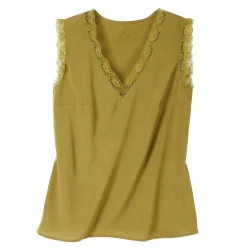 Soepele caraco met V-hals en kant, crêpe van gerecycleerd polyester**