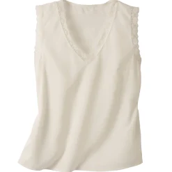 Soepele caraco met V-hals en kant, crêpe van gerecycleerd polyester**
