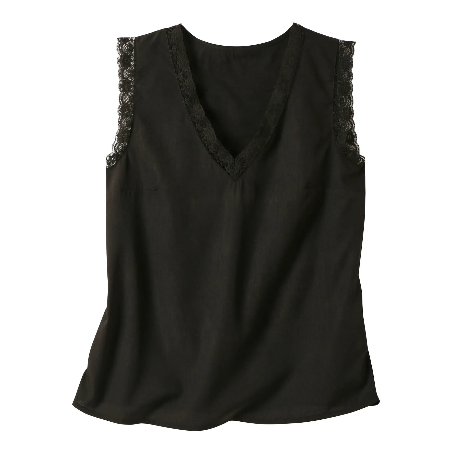 Soepele caraco met V-hals en kant, crêpe van gerecycleerd polyester**