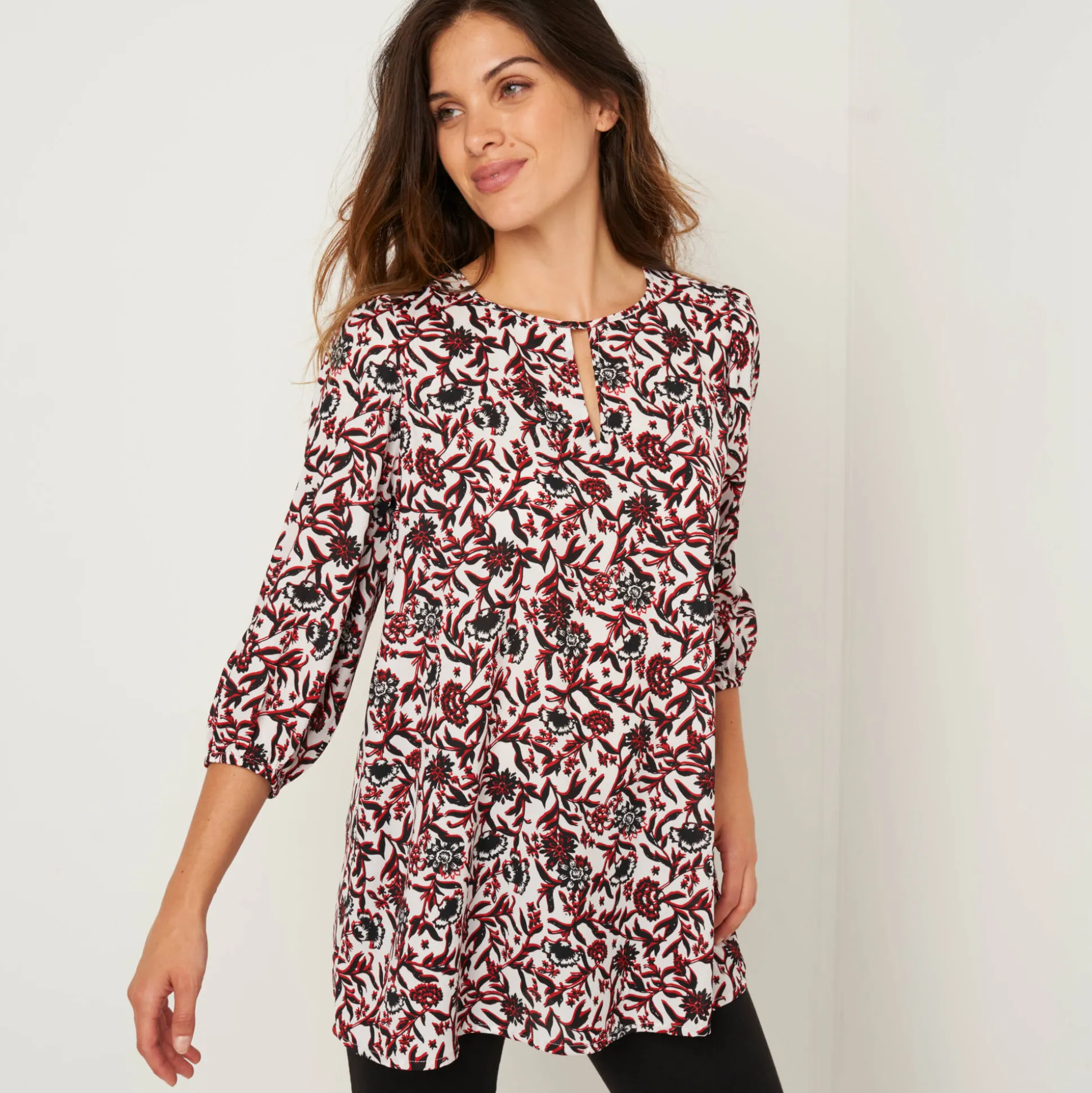 Soepele tuniek met bloemenprint, 3/4-mouwen
