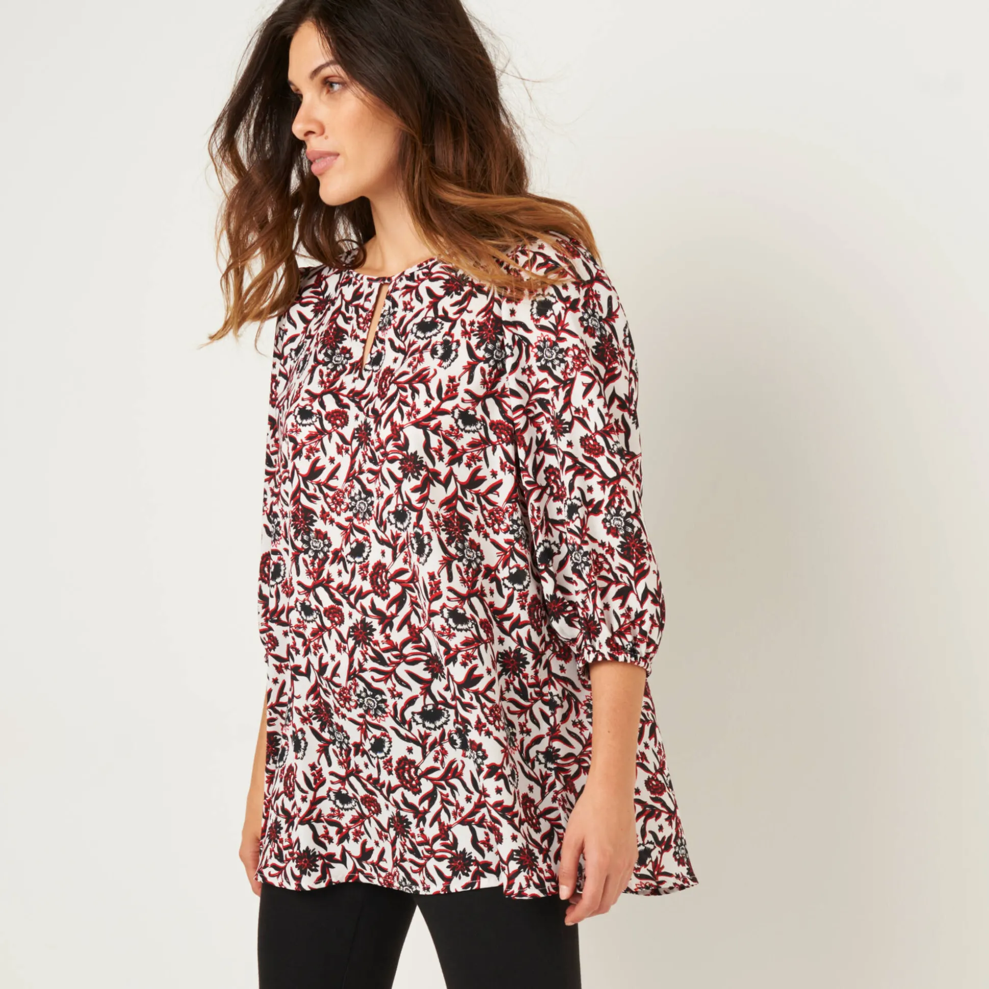 Soepele tuniek met bloemenprint, 3/4-mouwen