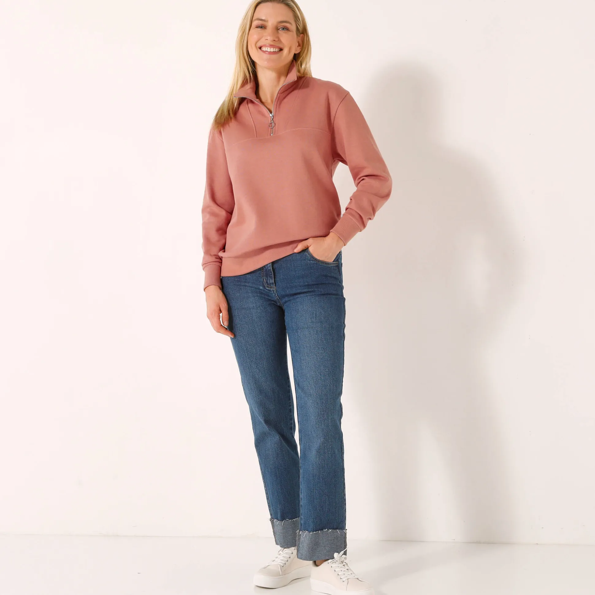Sweater met opstaande ritskraag in geruwd molton