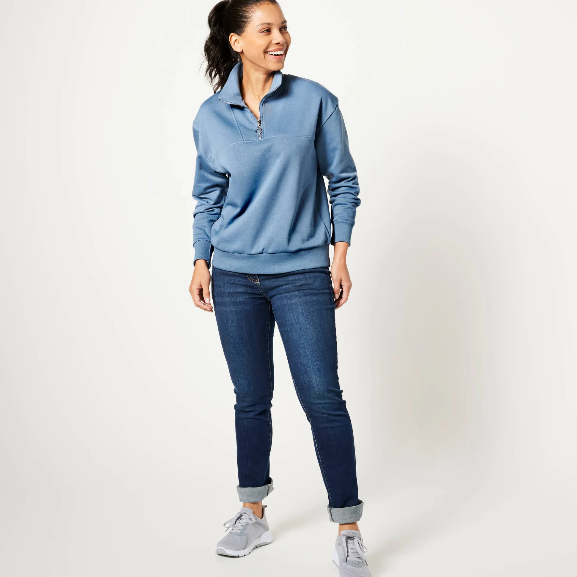 Sweater met opstaande ritskraag in geruwd molton