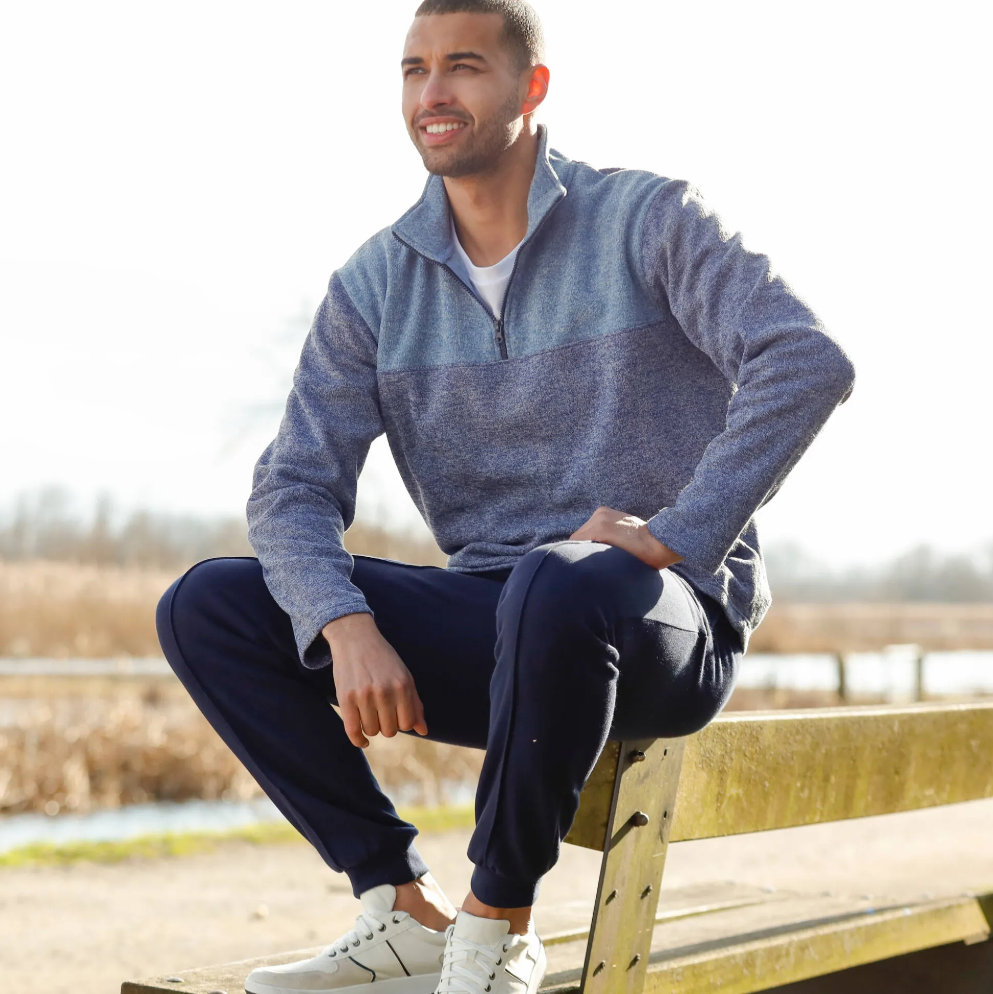 Sweater met truckerskraag en rits, in tricot met moltonvoering