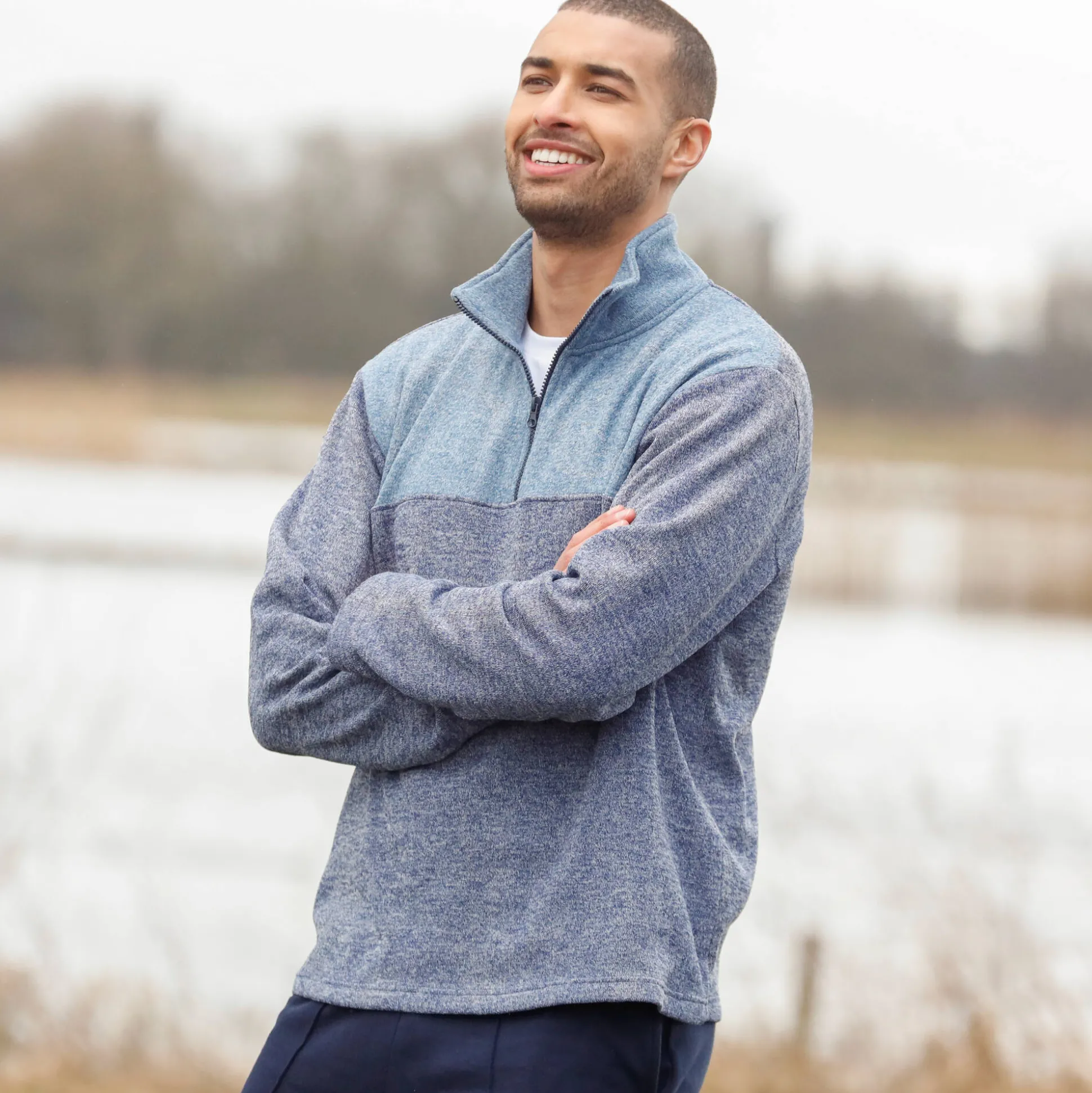Sweater met truckerskraag en rits, in tricot met moltonvoering
