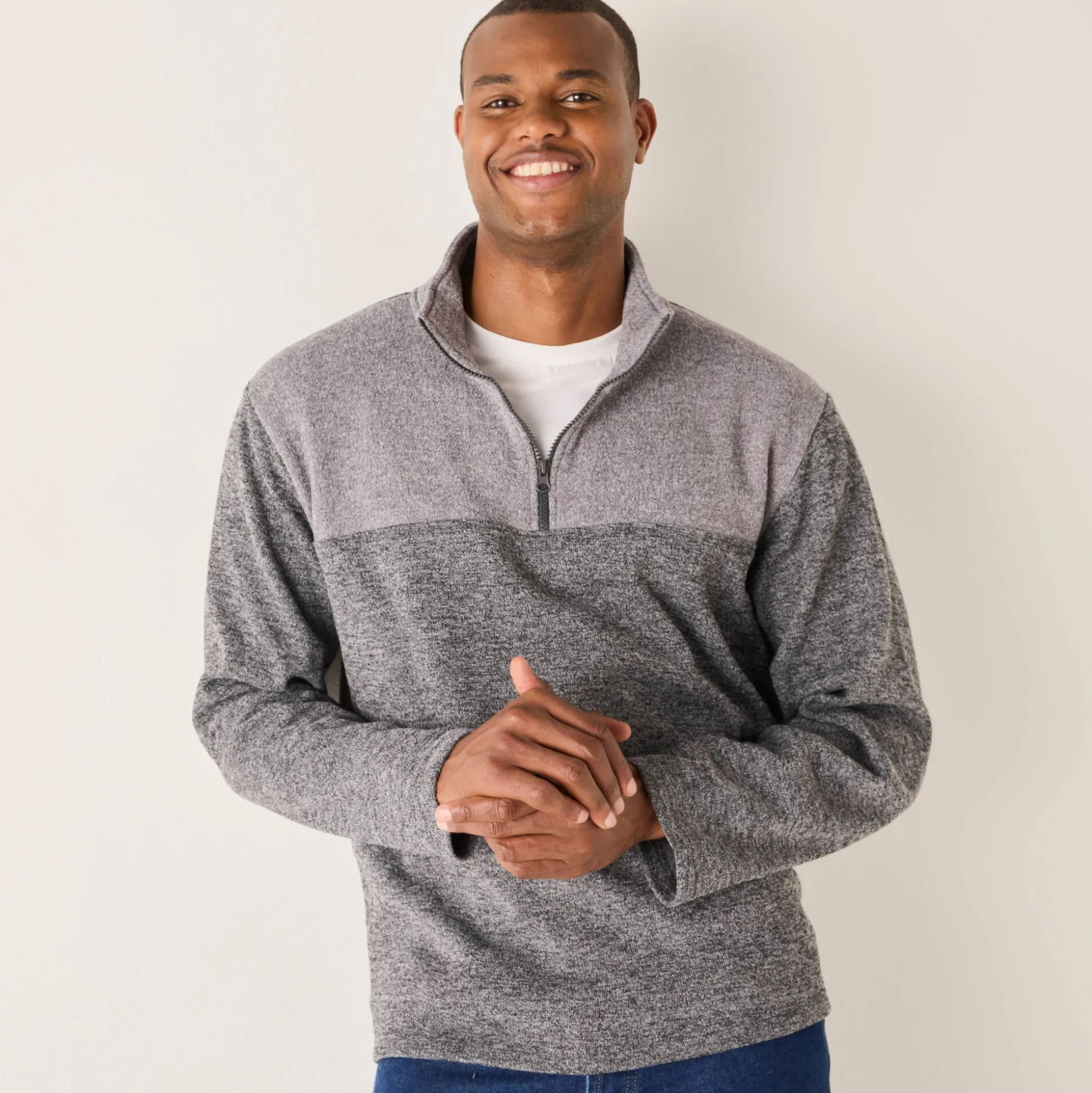 Sweater met truckerskraag en rits, in tricot met moltonvoering