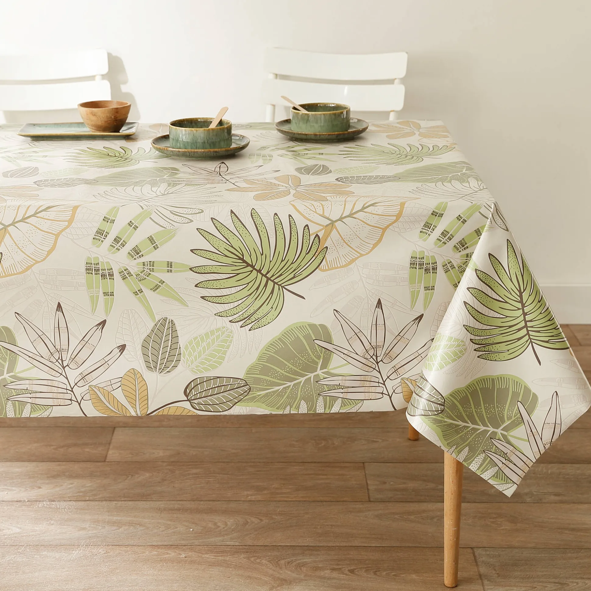 Tafellaken in toile cirée, met bladerenprint