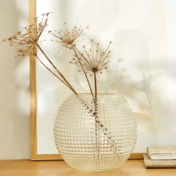 Transparante, ronde vaas in reliëfglas