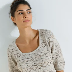 Trui in fantasie ajourtricot, mouwen op ellebooglengte