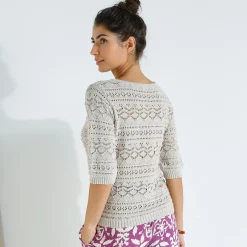 Trui in fantasie ajourtricot, mouwen op ellebooglengte