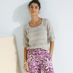 Trui in fantasie ajourtricot, mouwen op ellebooglengte
