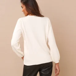 Trui in fantasietricot met Tunesische hals