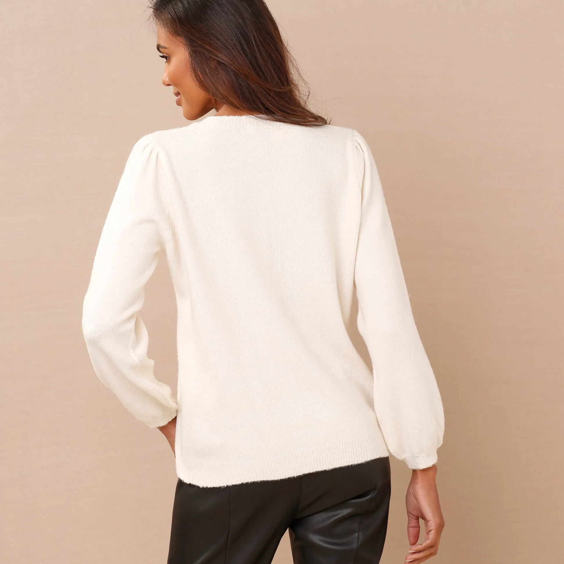 Trui in fantasietricot met Tunesische hals