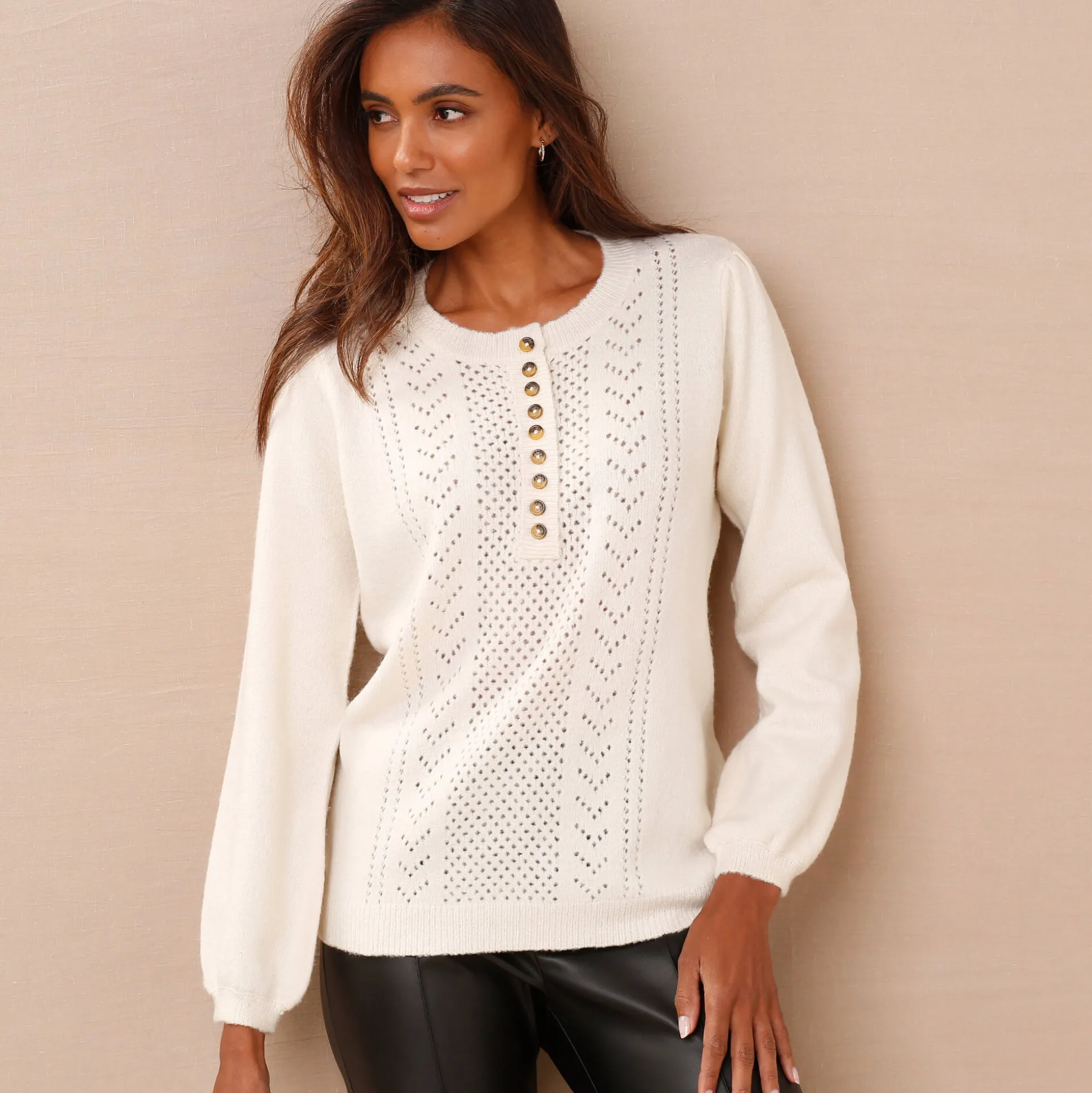 Trui in fantasietricot met Tunesische hals