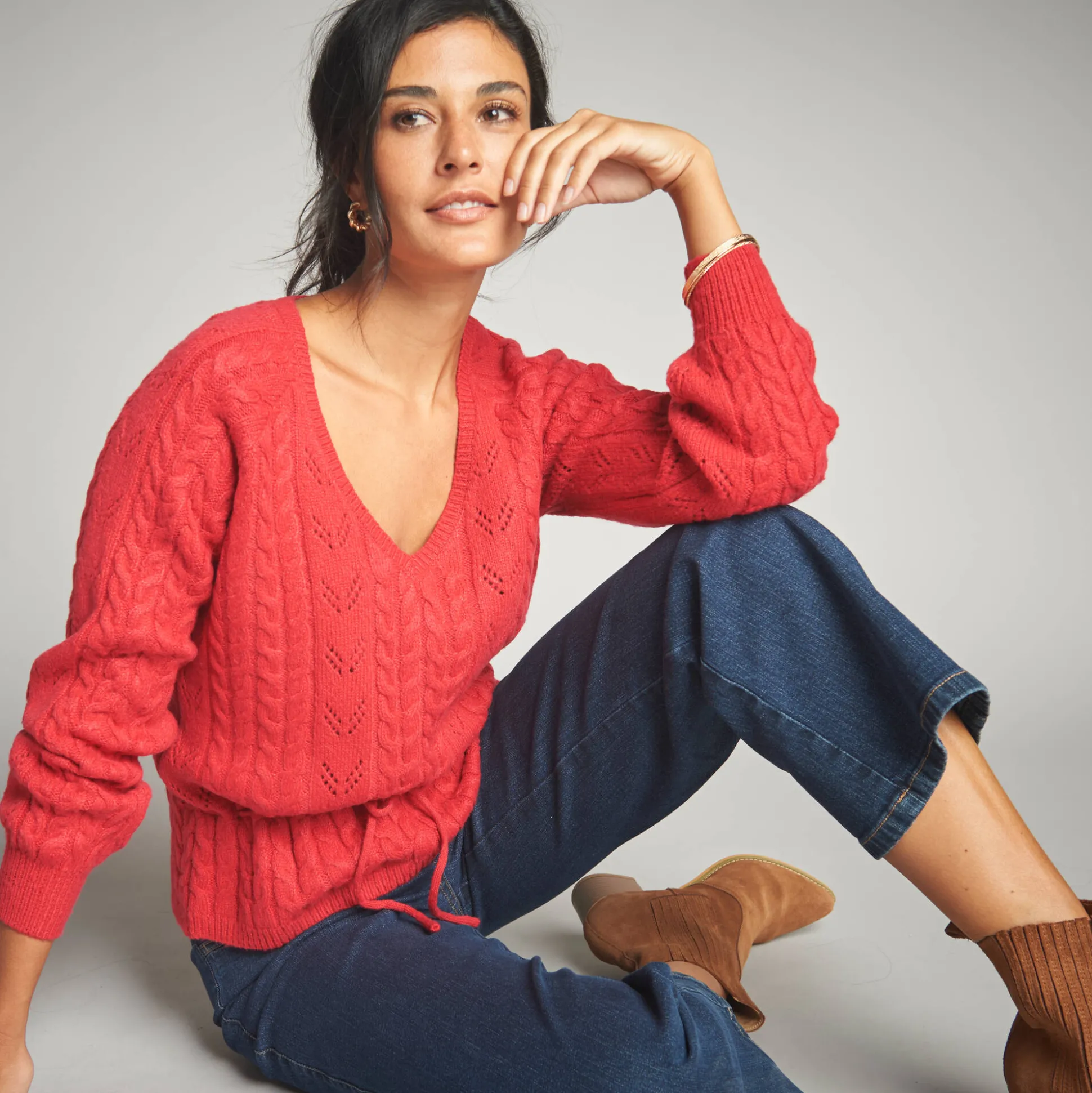 Trui in fantasietricot met V-hals