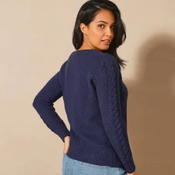 Trui in kabeltricot, ronde hals