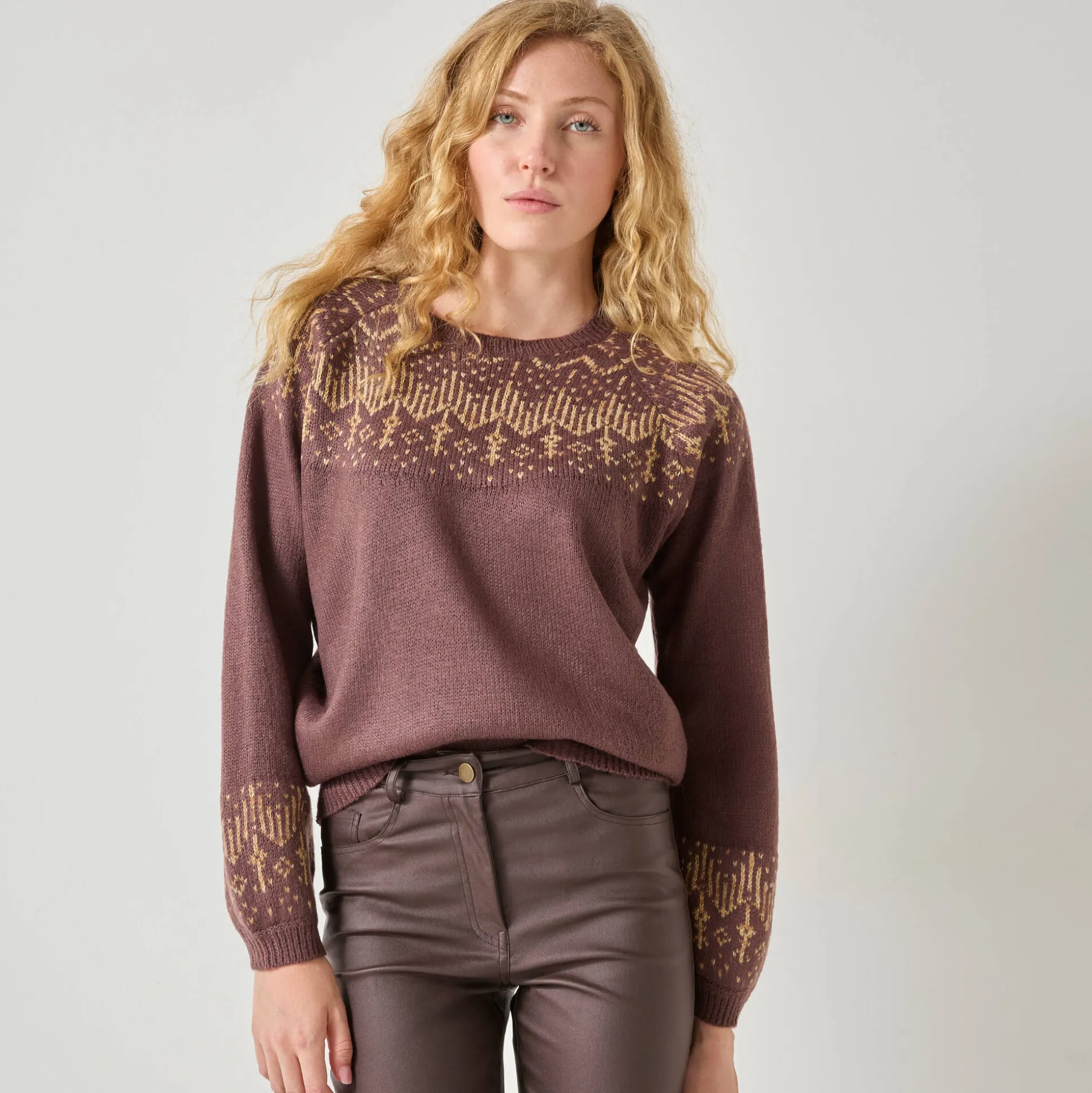 Trui in koperkleurige jacquard, met mohairtouch