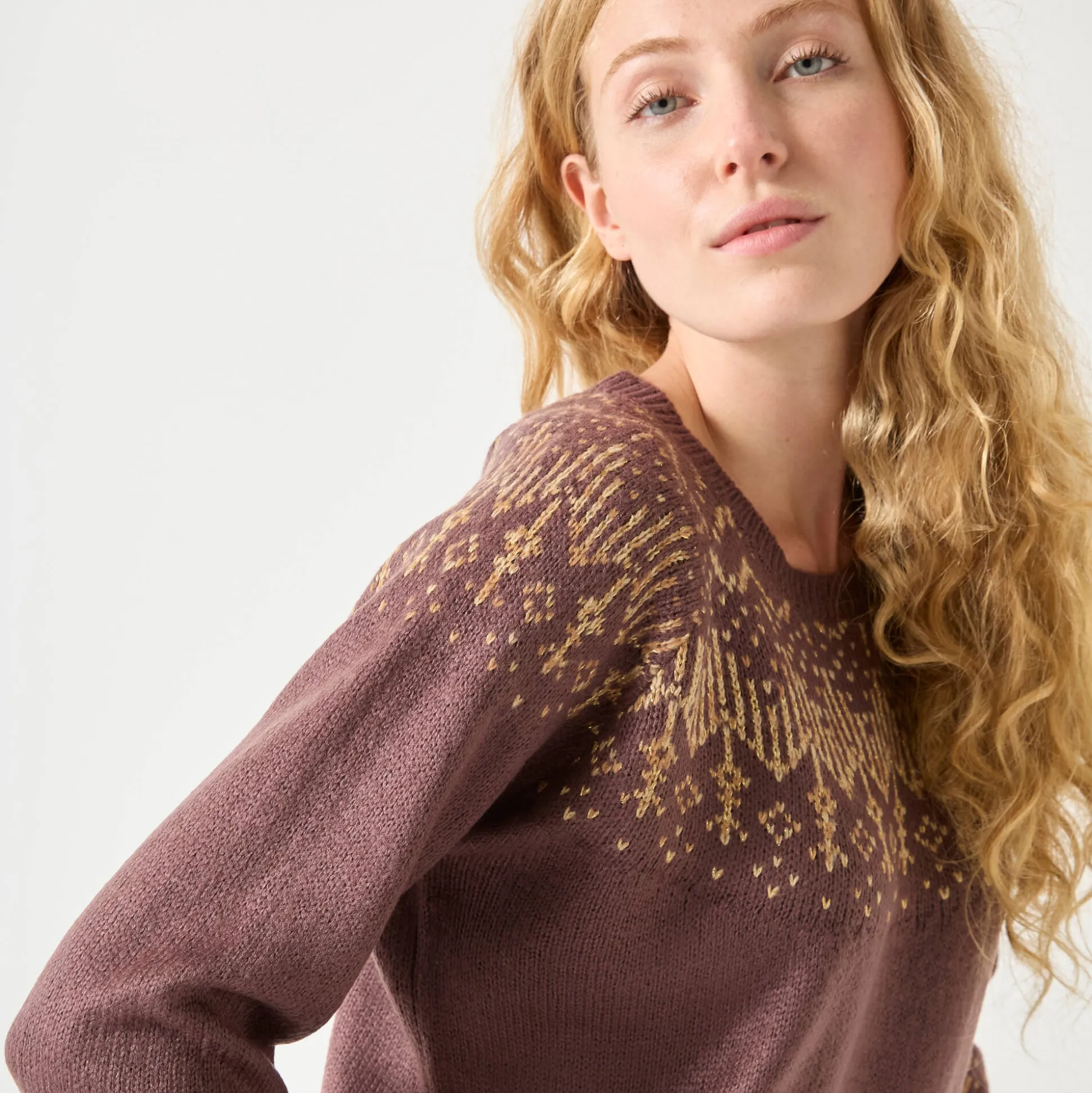 Trui in koperkleurige jacquard, met mohairtouch