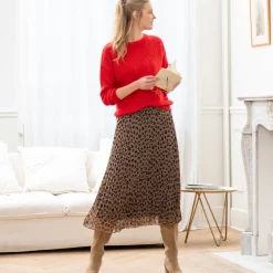 Trui in patenttricot met ronde hals, details met ajour
