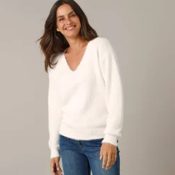 Trui met decolleté aan de achterkant en strikbandjes, harige tricot