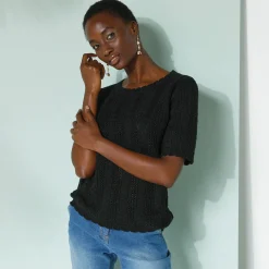 Trui met festonafwerking en korte mouwen, fantasie ajourtricot