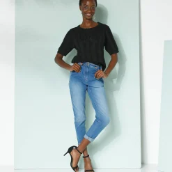 Trui met festonafwerking en korte mouwen, fantasie ajourtricot