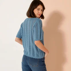 Trui met festonafwerking en korte mouwen, fantasie ajourtricot