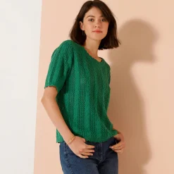 Trui met festonafwerking en korte mouwen, fantasie ajourtricot