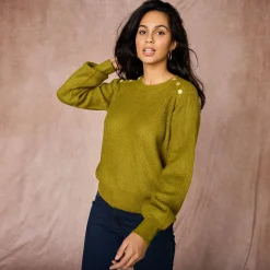 Trui met goudkleurige knopen, patenttricot